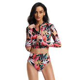 Traje de baño de manga larga, traje de baño de dos piezas, traje de baño floral con cremallera